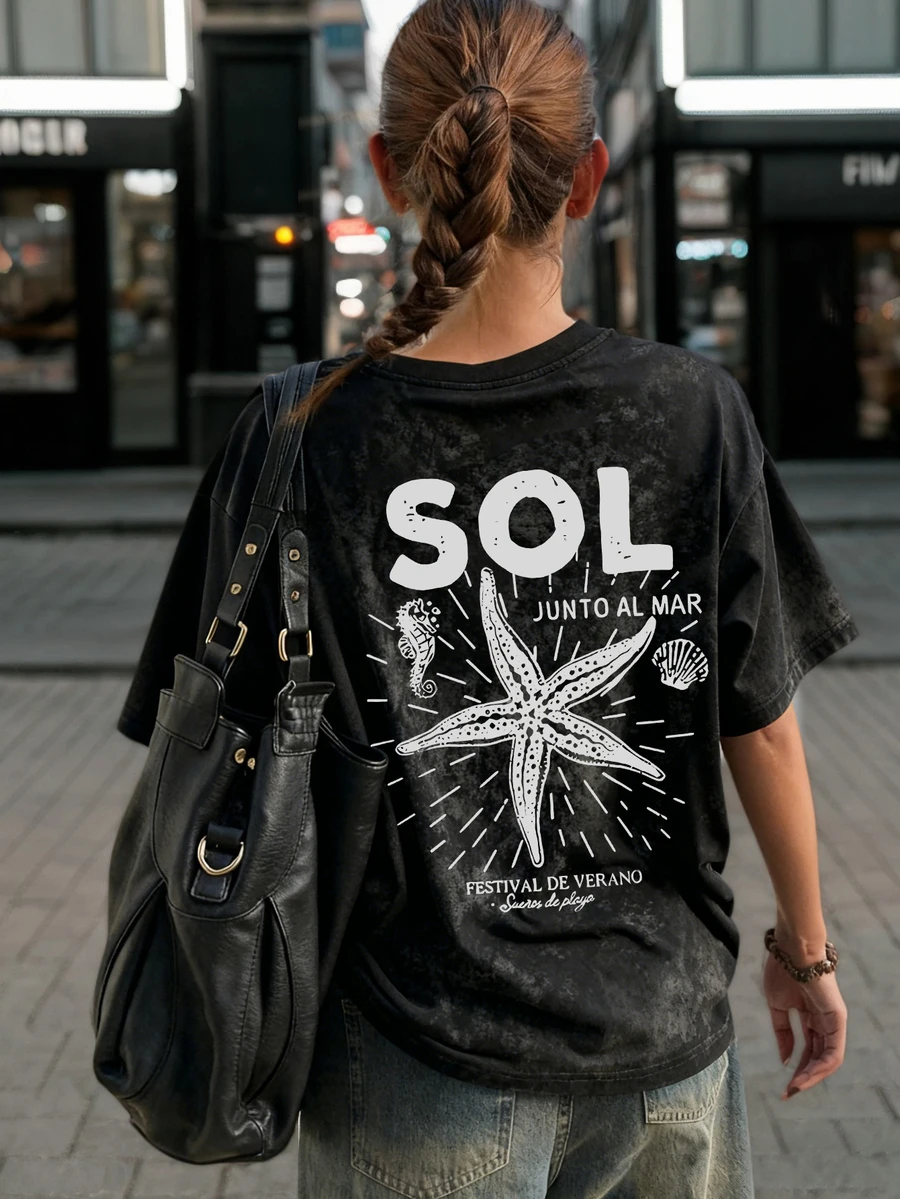 Summer New Simple Fashion Starfish Holiday Style Letter Print Casual Round Neck Tie-Dye Short Sleeve T-Shirt, Fashionable & Versatile Women Top - Black - View 1