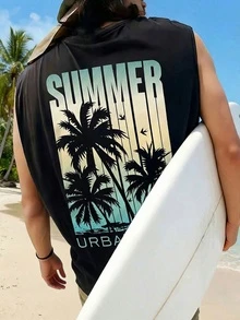 1件男士夏季休闲椰树英文印花圆领背心 - 黑色 - 查看 1