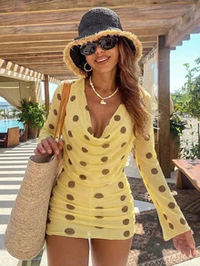 Women's Fashion Sexy Swimsuit Cover Up, Polka Dot Print With Turtleneck Long Sleeve One-Piece Swimdress, Suitable For Pool Party And Beach Vacation Summer - Yellow - View 1