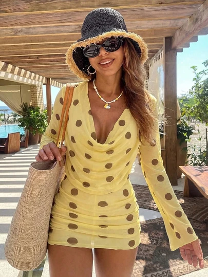 Women's Fashion Sexy Swimsuit Cover Up, Polka Dot Print With Turtleneck Long Sleeve One-Piece Swimdress, Suitable For Pool Party And Beach Vacation Summer