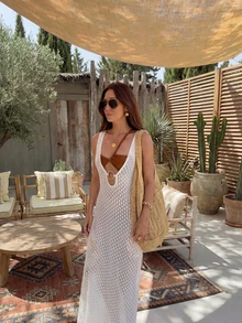 女士新款印花镂空露背系带度假长裙 - 白色 - 查看 8