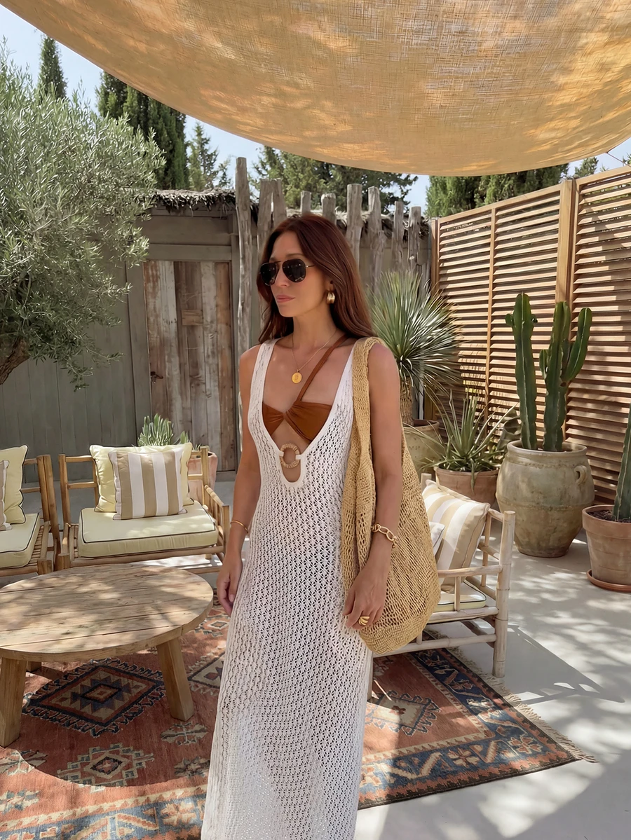 Women's New Allover Print Pattern Hollow-Out Backless Tie-Front Vacation Maxi Dress - White - View 1