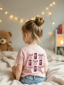 Young Girl Casual Graphic Print Crew Neck Short Sleeve T-Shirt, Summer Top - Pink - View 1