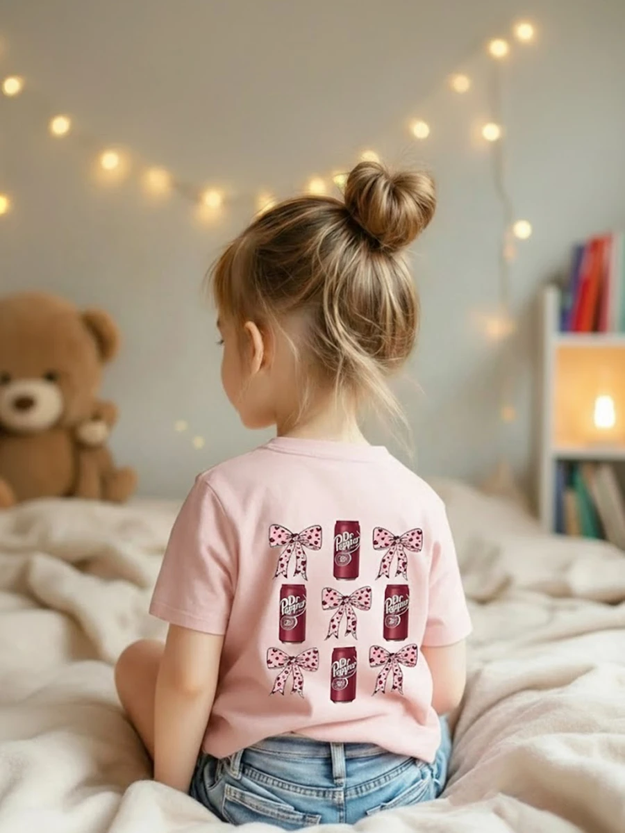 Young Girl Casual Graphic Print Crew Neck Short Sleeve T-Shirt, Summer Top - Pink - View 1