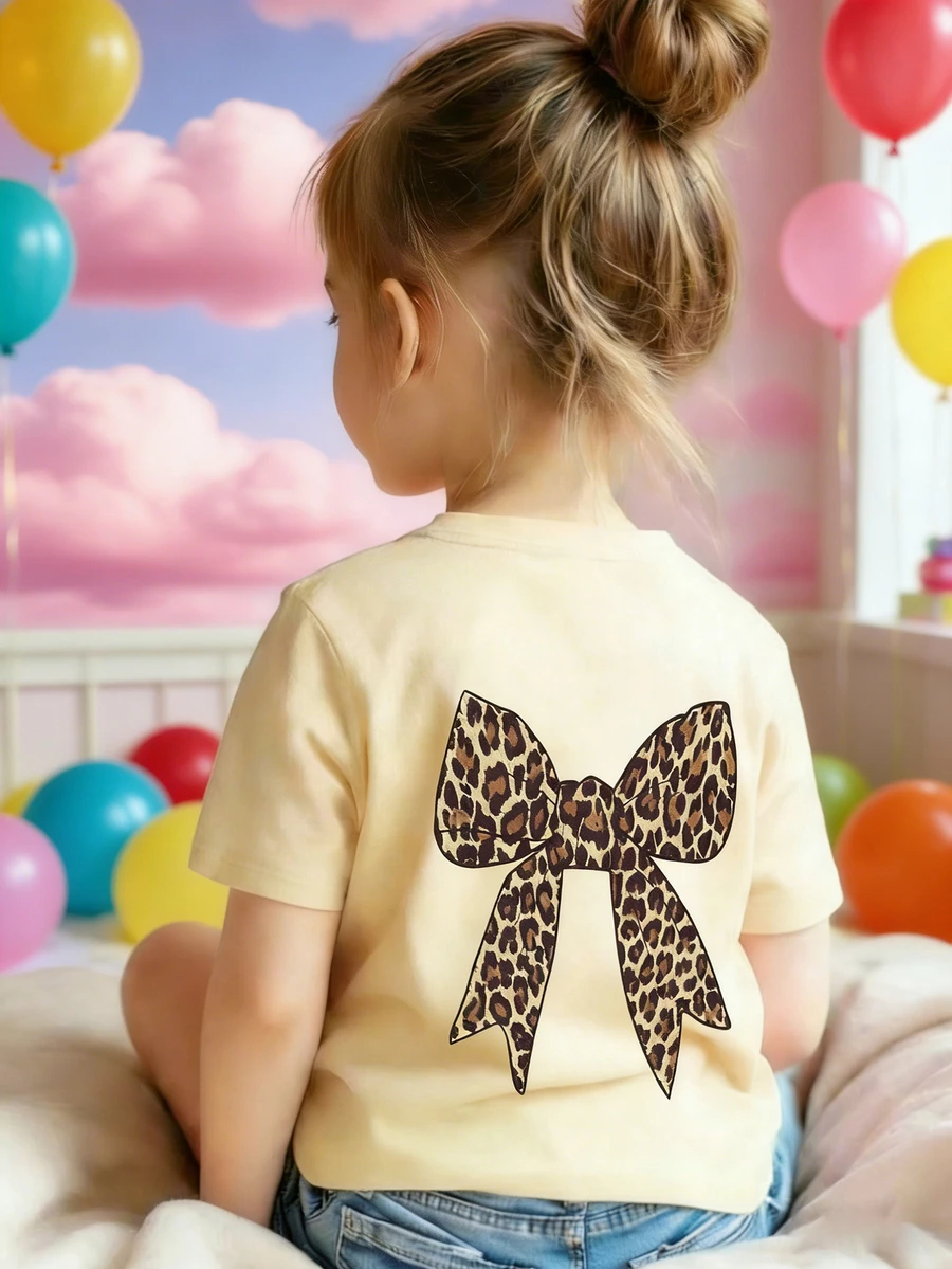 Young Girl Casual Graphic Print Crew Neck Short Sleeve T-Shirt, Summer Top - Apricot - View 1