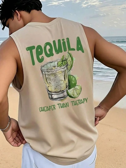 1 pieza Camiseta de tirantes de hombre de verano casual con estampado de jugo de frutas de cuello redondo