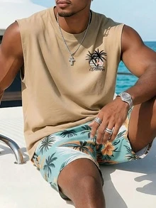 1pc Men's Summer Casual Coconut Tree & English Print Round Neck Tank Top - Apricot - View 2