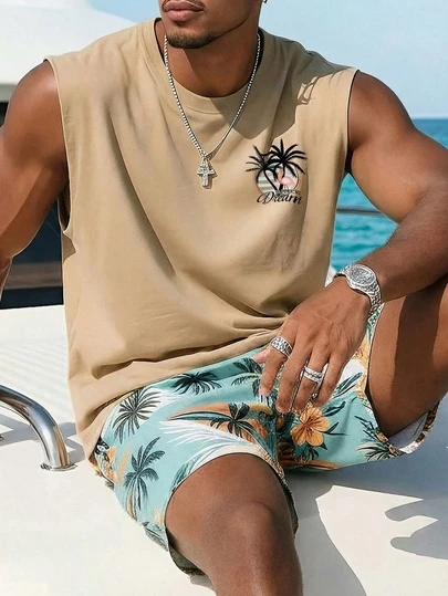 1pc Men's Summer Casual Coconut Tree & English Print Round Neck Tank Top