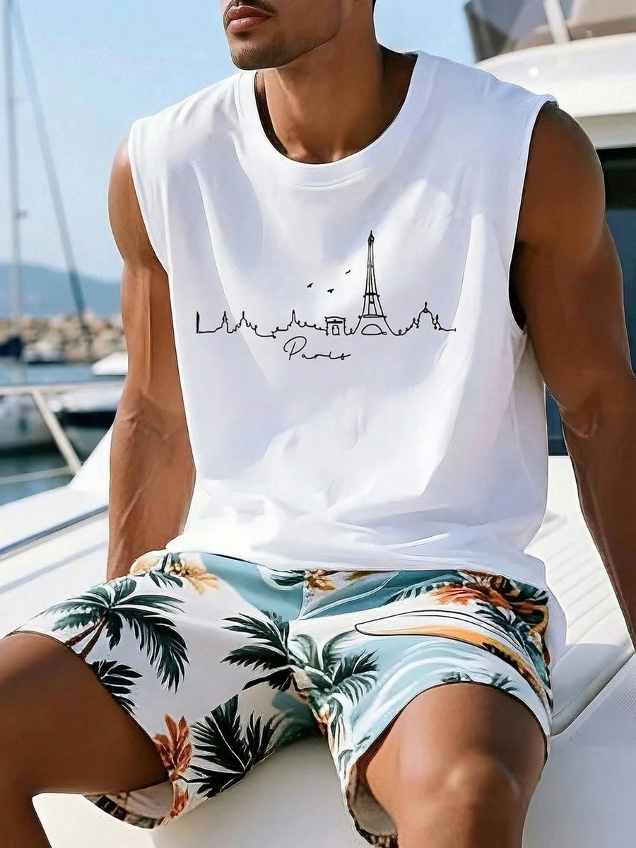 1pc Men's Summer City Print Round Neck Casual Tank Top - White - View 1