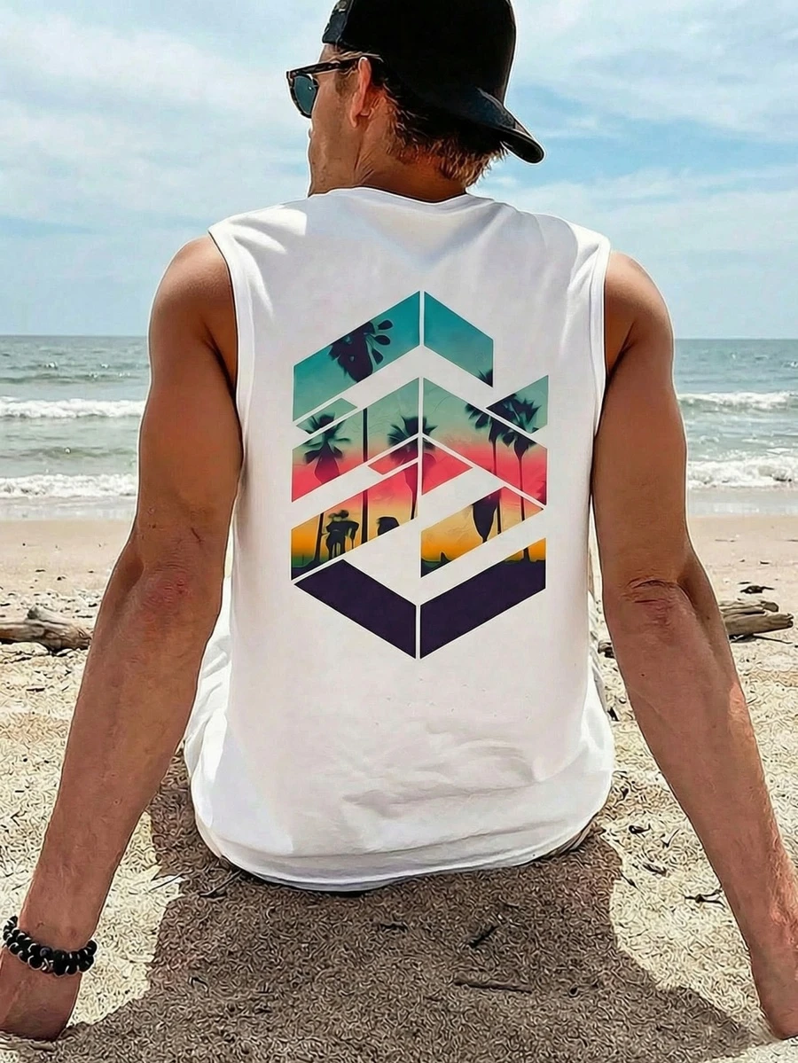 1件男士印花圆领休闲背心，夏季 - 白色 - 查看 1