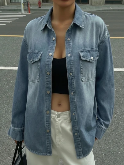 Solid Color Casual Vintage Denim Button Up Shirt, Suitable For Party, Beach, Date Night, Daily Wear, Spring/Summer