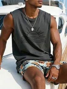 1pc Men's Summer Sun Print Casual Round Neck Tank Top - Dark Grey - View 1