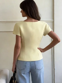 女士优雅V领短袖双排扣衬衫，时尚别致，适合工作/通勤，黄色，夏季 - 黃色 - 查看 2