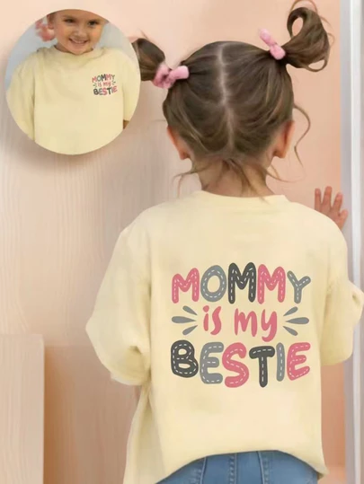 Young Girl Casual Graphic Print Crew Neck Short Sleeve T-Shirt, Summer Top