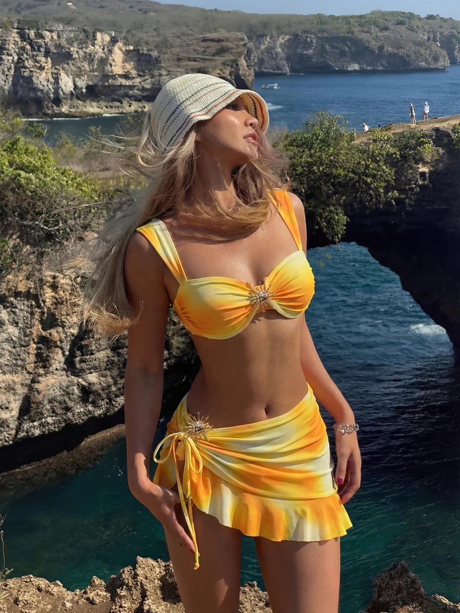 Ensemble bikini 3 pièces à pois, bretelles larges avec armatures pour un maintien confortable, style plage à la mode, parfait pour les fêtes d'été à la plage et à la piscine - orange - Voir 1