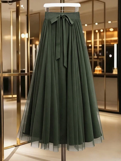 Fustă elegantă pentru femei, culoare solidă, cu talie plisată, cu design elastic și fundă, potrivită pentru naveta, ținută de Ziua Îndrăgostiților, ținută casual