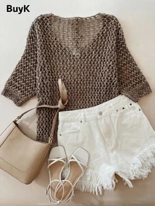 Plus Size [Tops] Elegant Solid Color V-Neck Fashionable Loose Knit Top With Hollow Design, Short Sleeve, European & American Style, Versatile - Khaki - View 3