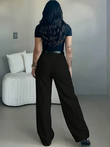 女士高腰阔腿裤 | 春季女装 | 休闲优雅办公裤 | 春季休闲装 | 纯色宽松直筒裤 | 春季服装 | 女士休闲装 | 柔软舒适休闲裤 | 女士休闲装 | 简约时尚职业装 | 休闲套装 | 新年准备 | 春秋必备，不含腰带，黑色 - 黑色 - 查看 2