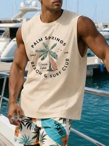 1 chiếc áo tank top nam cổ tròn in hình cây dừa, thích hợp mặc mùa hè. - Màu be - Xem 3
