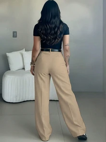 女士高腰阔腿裤 | 春季女装 | 休闲优雅办公裤 | 春季休闲装 | 纯色宽松直筒裤 | 春季服饰 | 女士休闲装 | 柔软舒适长裤 | 女士休闲装 | 简约时尚职业装 | 休闲套装 | 新年准备 | 春秋必备，不含腰带 - 卡其色 - 查看 2