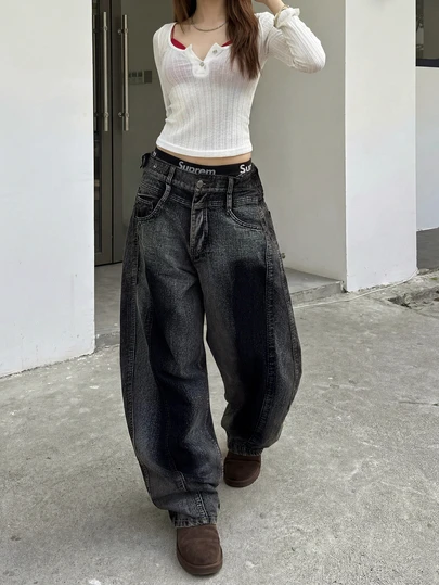 女士黑灰撞色牛仔裤，松紧腰，街头风，阔腿老爹牛仔裤，修身百搭