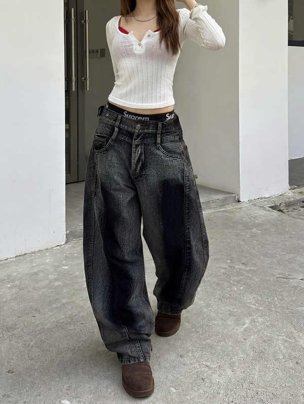 女士黑灰撞色牛仔裤，松紧腰，街头风，阔腿老爹牛仔裤，修身百搭