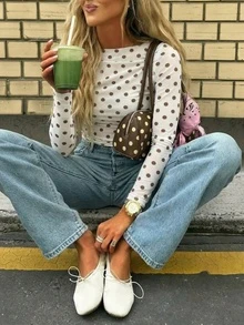 SHEIN x Luisa Sonza Women's Polka Dot Mesh Long Sleeve Tee, Fall Winter Slim Fit Casual Top - White - View 3