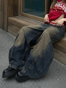 Women's Vintage Distressed Pleated Loose Fit Casual Everyday Wear Wide Leg Jeans