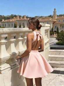 Women's Elegant Romantic Short A-Line Puff Skirt Halter Backless Mini Dress - Baby Pink - View 3