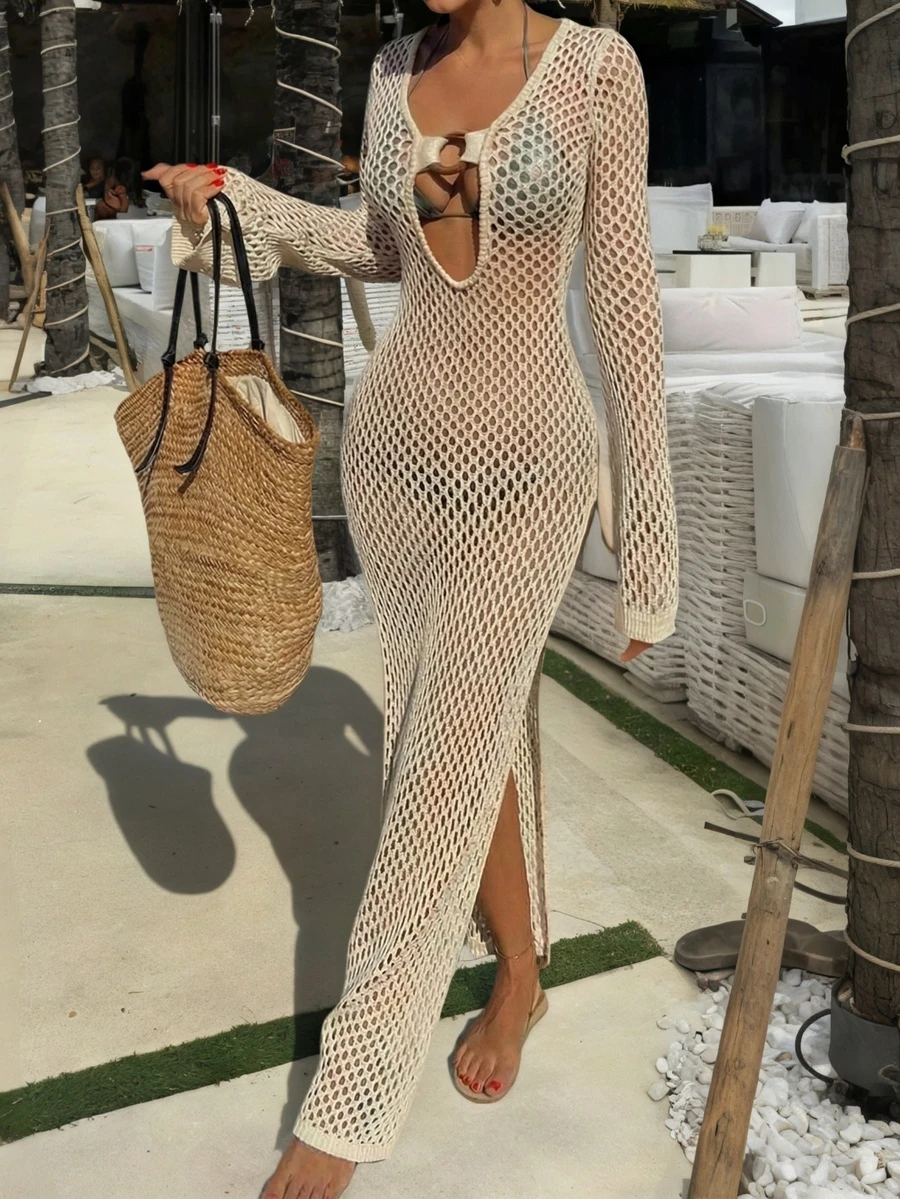 Beige Crochet Beach Cover Up Long Sleeve Hollow Out High Split Maxi Dress - Apricot - View 1
