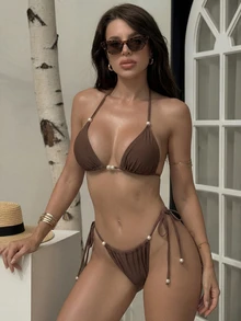 2件套纯色优雅露背系带女士比基尼泳衣，沙滩度假，春夏款，珍珠色 - 棕色 - 查看 1