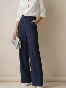 女士高腰褶裥宽松长裤，适合工作和休闲穿着，春夏款 - 藏蓝色 - 查看 2