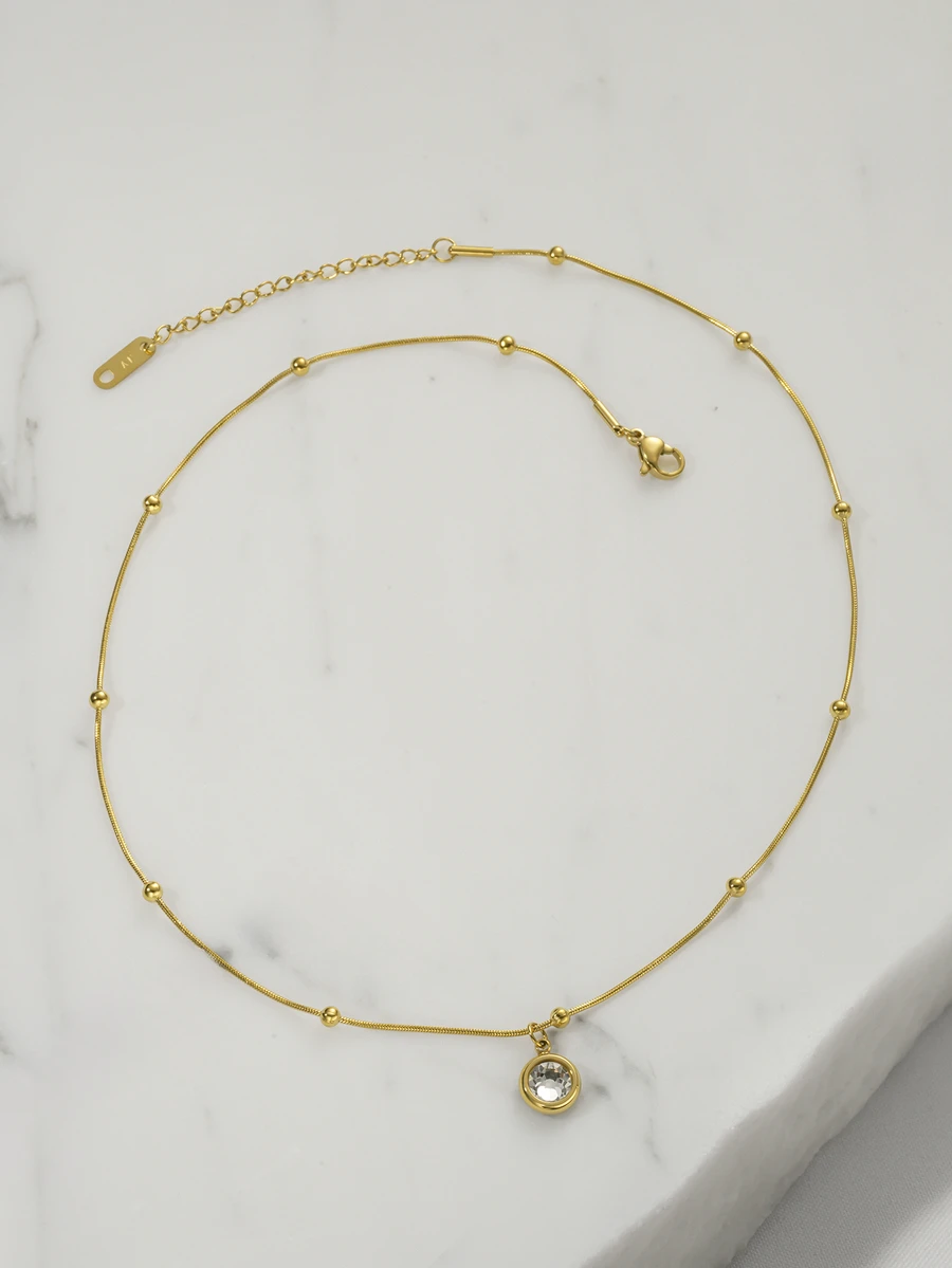 1 件毕业/母亲节/教师节不锈钢项链，带水钻方形水晶方晶锆石吊坠 - 金黃色 - 查看 1