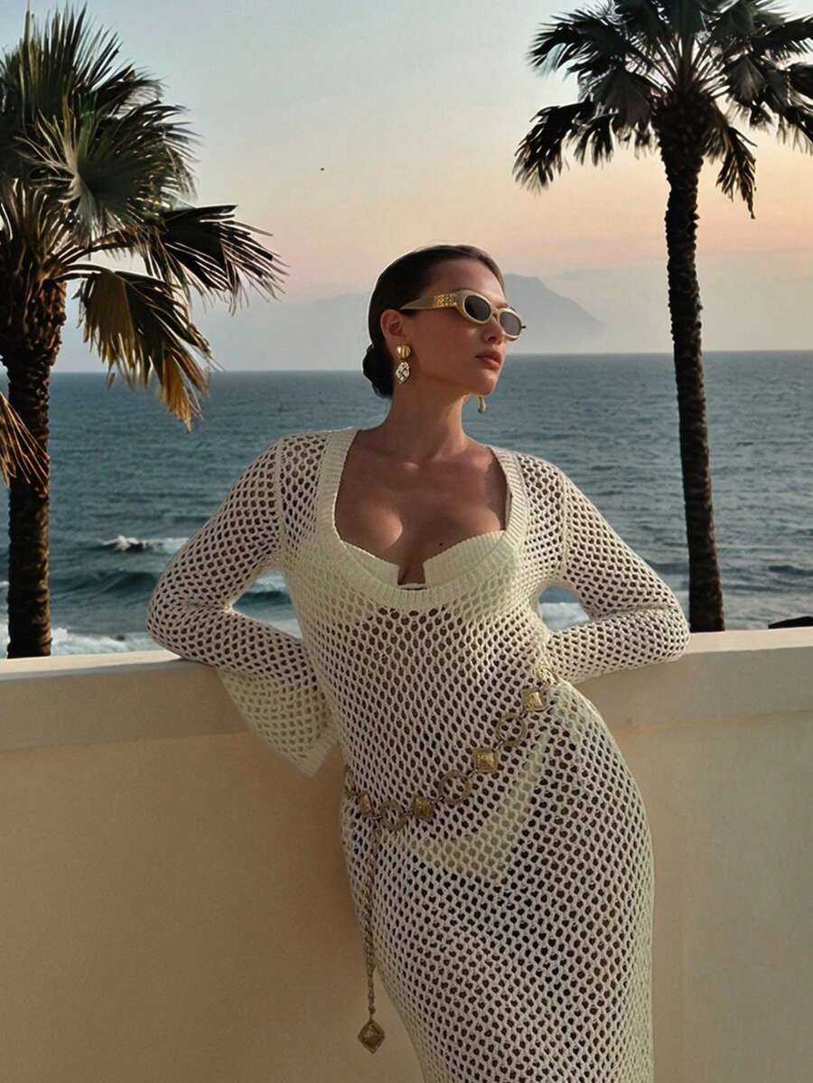 SEREN Vår- och sommarny lågringad sexig strandklänning för kvinnor, lös, casual, sexig, rygglös, semester, strandsemester, tunn stil, ihålig, klänning för kvinnor, strandklänning för kvinnor, lång kjol för kvinnor, musikfestival, bohemisk, sommartröja, sommarsemesteroutfit - Vitt - Visa 1