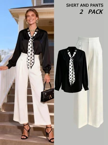 Blusa de manga larga negra con cuello de corbata a lunares, decoración de botones dorados en escote en V + Pantalones rectos de cintura elástica, conjunto casual elegante para el trabajo - Blanco y Negro - Ver 2