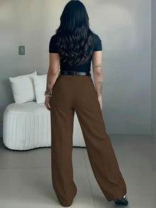 优雅简约条纹阔腿女士西装裤 - 简约专业工作裤 - 咖色 - 查看 2