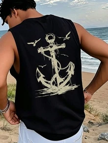 1pc Men's Summer Casual Seagull & Anchor Print Round Neck Tank Top - Black - View 1