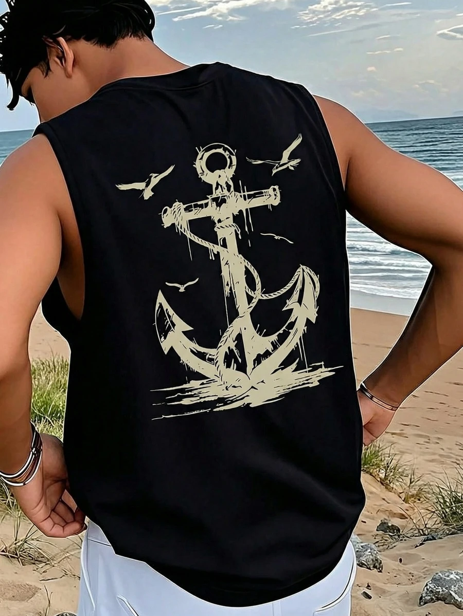 1pc Men's Summer Casual Seagull & Anchor Print Round Neck Tank Top - Black - View 1