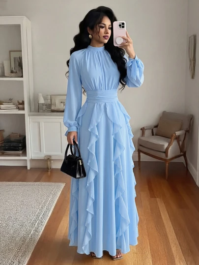 Women's Solid Color Woven Chiffon Ruffle Hem Elegant Stylish Arabic Dress