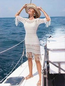 时尚女士休闲半透明船领针织连衣裙罩衫，短袖白色钩针沙滩裙，带流苏边饰，适合海滩度假和日常穿着，春夏款 - 白色 - 查看 3