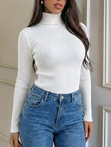 Áo len nữ cổ cao tay dài, chất liệu co giãn vừa phải, thích hợp mặc hàng ngày vào mùa thu. - trắng - Xem 2