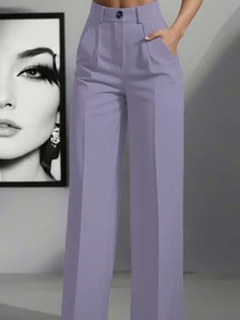 Quần dài nữ cạp cao xếp ly dáng rộng, thích hợp cho công sở và mặc thường ngày, mùa xuân/hè. - Màu tím nhạt - Xem 1