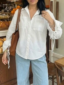 White Relaxed Fit Button Up Blouse | Tie Cuff Flap Pocket Shirt For Date & Brunch - White - View 2