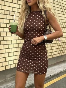 Women's Polka Dot Print Round Neck Sleeveless Ruched Fitted Fashionable Mini Dress - Brown - View 2