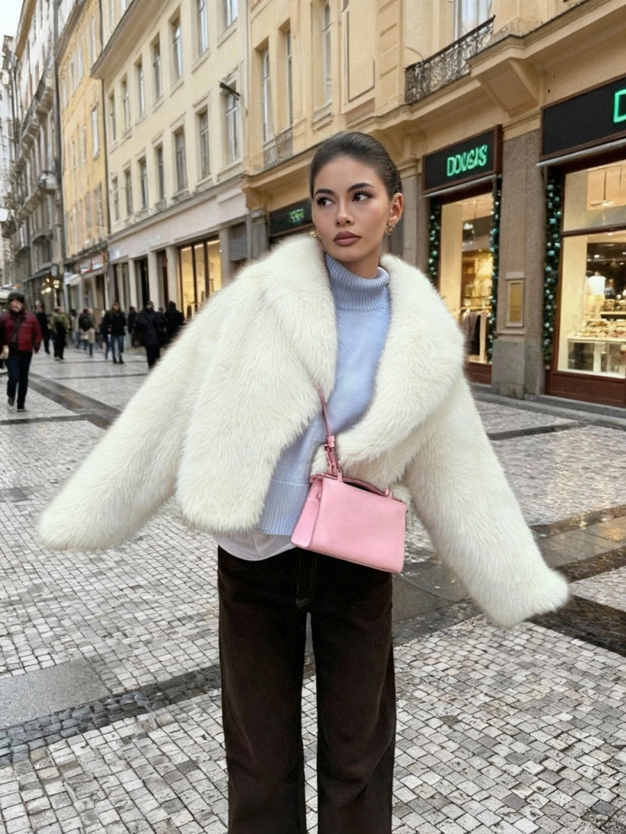 女士新款复古高端仿皮草短外套，宽松版型时尚上衣 - 白色 - 查看 1