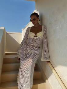 SEREN Vår- och sommarny lågringad sexig strandklänning för kvinnor, lös, casual, sexig, rygglös, semester, strandsemester, tunn stil, ihålig, klänning för kvinnor, strandklänning för kvinnor, lång kjol för kvinnor, musikfestival, bohemisk, sommartröja, sommarsemesteroutfit - Vitt - Visa 2