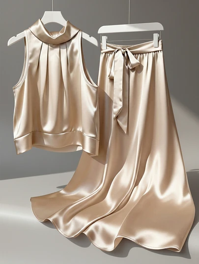 香槟色休闲优雅浪漫缎面领褶皱宽松短款吊带背心+中长款缎面A字荷叶边腰带蝴蝶结半身裙套装，适合外出、度假、约会、通勤和工作场合。