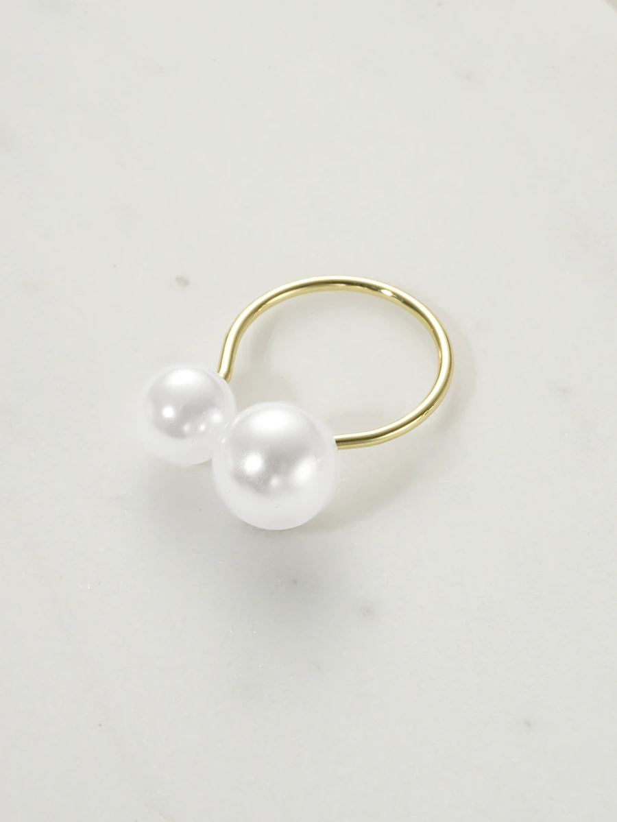 Clariva 1pc Ins Style Simple & Openable Faux Pearl Ring For Women - Gold - View 1