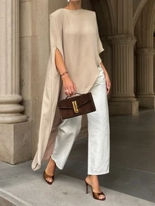 Áo kiểu cape bất đối xứng màu be dành cho nữ, phù hợp cho công sở và các buổi ăn trưa. - Màu be - Xem 3