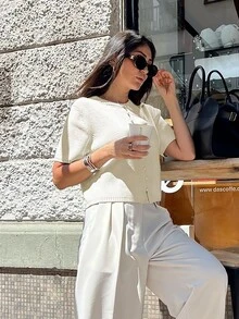 Round Neck Solid Color Pearl Button Short Sleeve Casual Versatile Knit Cardigan, Loose Fit, Suitable For Everyday Wear White Spring - White - View 3